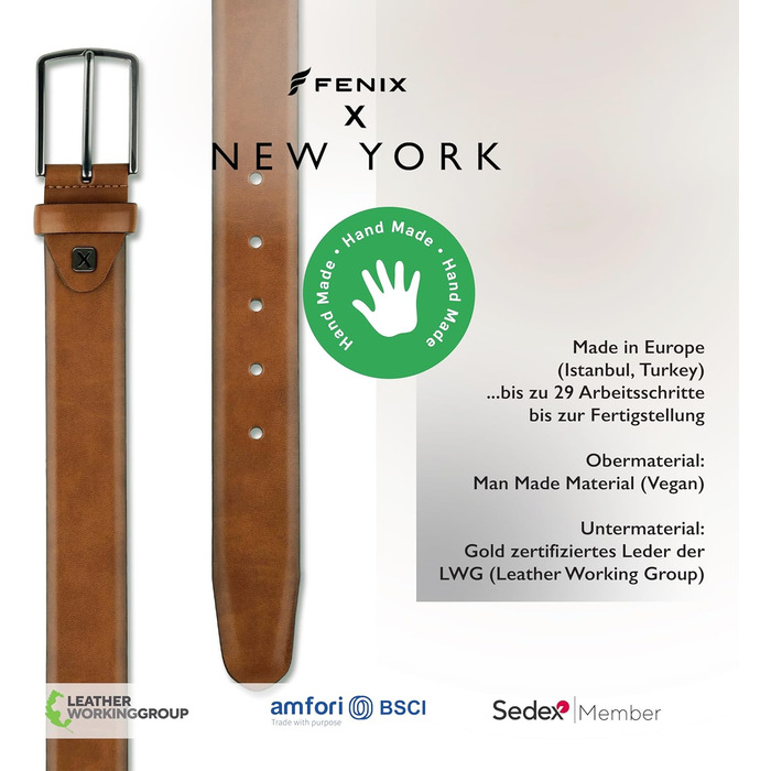 Чоловічий шкіряний ремінь FENIX NEW YORK, 80-125 см, ширина 35 мм, регульований, без нікелю, для костюма та джинсів, Desert Cognac 95