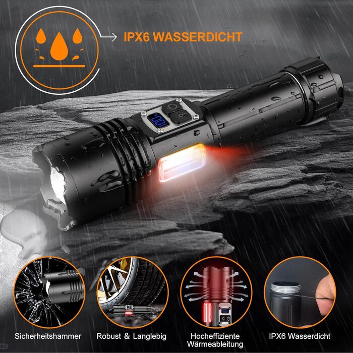 Ліхтарик LED акумуляторний, тактичний, 500000 люмен, 9 режимів, COB бічне світло, USB-C, для кемпінгу та надзвичайних ситуацій, чорний