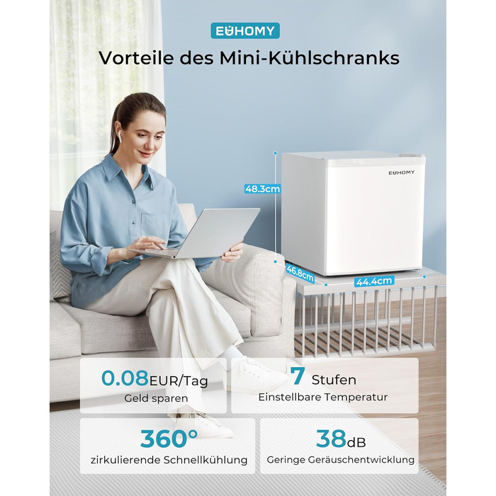 EUHOMY 46L Mini Refrigerator with Reversible Door, 7-Level Thermostat & Cooler Box, 39dB Quiet Mini Fridge for Bedroom/Office, Energy Efficient, Compact