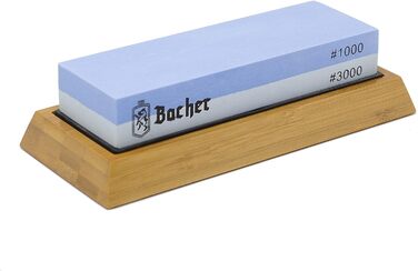 Преміум точильний камінь Bacher. Двобічний, зернистість 400/1000. Точило для ножів з антиковзним бамбуковим блоком, камінь для заточування, допоміжний інструмент для заточування та детальна інструкція у форматі eBook.