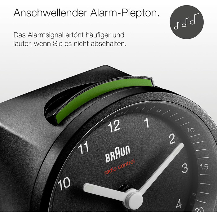 Classic analog radio alarm clock by Braun for the Central European Time Zone (CET/GMT+1) with snooze function and light, quiet movement, crescendo alarm in black, model BC07B-DCF