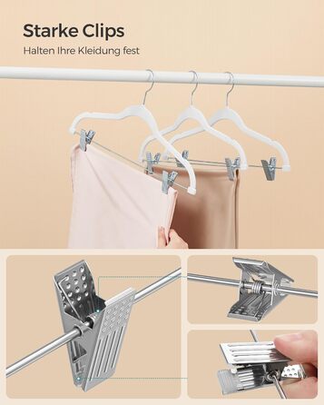 SONGMICS Velvet Clothes Hangers, 20-Piece Set, Pant Hangers, 42.5 cm Long, with Adjustable Clips, Non-Slip, Space-Saving, for Pants, Coats, Dresses, White CRF012W20
