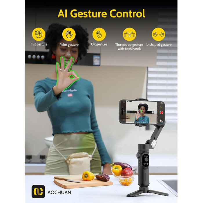 Стабілізатор для смартфона AOCHUAN 3-осьовий з функцією розпізнавання обличчя, вбудованим світлом та 1/4 дюйма різьбою. Підходить для iPhone 16/15 Pro, Android, TikTok-влогів. Чорний.