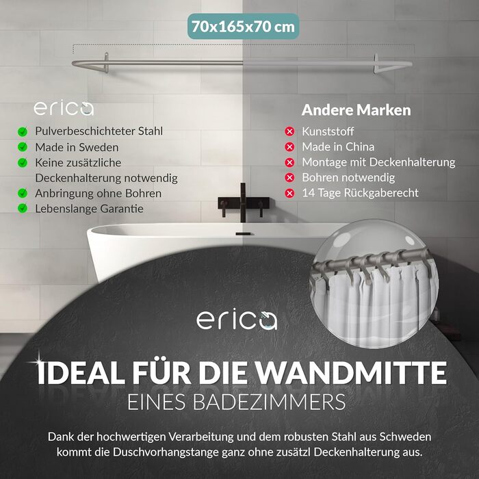 Штанга для душу Ericha L-подібної та U-подібної форми - 4-в-1 для ванни/душу - сталева з порошковим покриттям (сірий глянцевий)