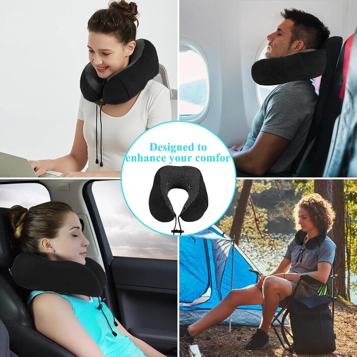 Подушка для шиї у вигляді їжачка Memory Foam для подорожей на літаку, авто, в офіс. З навушниками, маскою для сну та сумкою. Чорна.