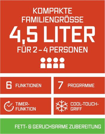 Фритюрниця горіння повітрям GOURMETmaxx 4.5L – Airfryer 1400W з цифровим дисплеєм, таймером, захистом від перегріву, миється у посудомийній машині, без жиру – Чорний 4.5 літри