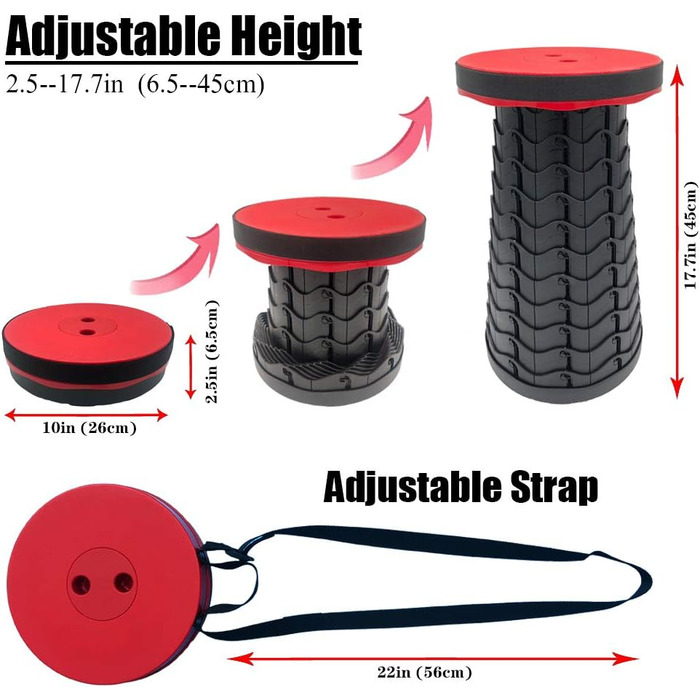 FIEMACH Portable Folding Stool, Second Generation Mini Telescopic Stool Lightweight Camping Stool for Outdoor Camping Fishing BBQ Indoors Kitchen, Load Capacity 397 lb (Red)