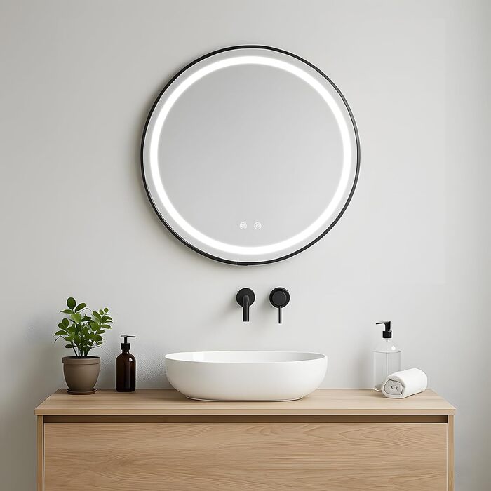 LED дзеркало для ванної кімнати з підсвічуванням, кругле, регульоване, 3 кольори світла (3500K-6500K), сенсорне керування, запобігання запотіванню, для макіяжу та гоління (діаметр 70 см)