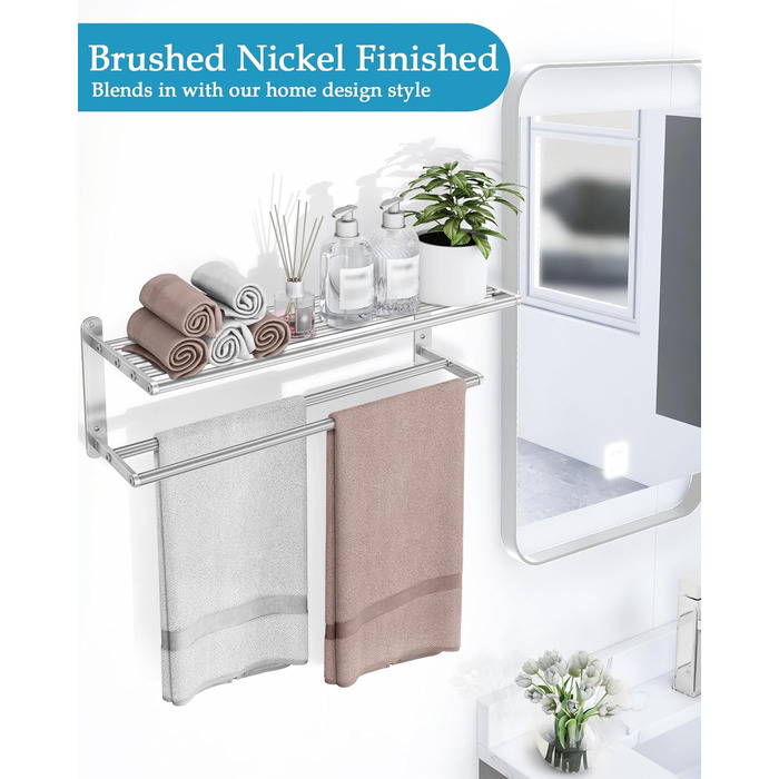 Тримач для рушників у ванну кімнату – 61 см, полиця для рушників з подвійною перекладиною, нікельована сталь, кріплення на стіну, 2-ярусний, для ванної кімнати та туалету
