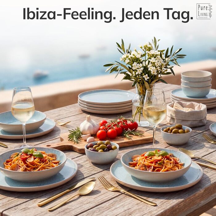 Набір посуду Steingut Ibiza 24 предмети на 6 осіб – керамічний посуд блакитно-бежевого кольору, сертифікований як найкращий (TESTSIEGER) для сервірування
