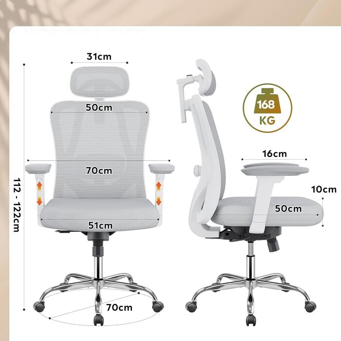 Офісне крісло Devaise: ергономічне крісло з регульованою спинкою, підголівником та поперековою підтримкою, 3D підлокітниками, 3-ступеневим нахилом та дихаючою сіткою для дому та офісу, біле