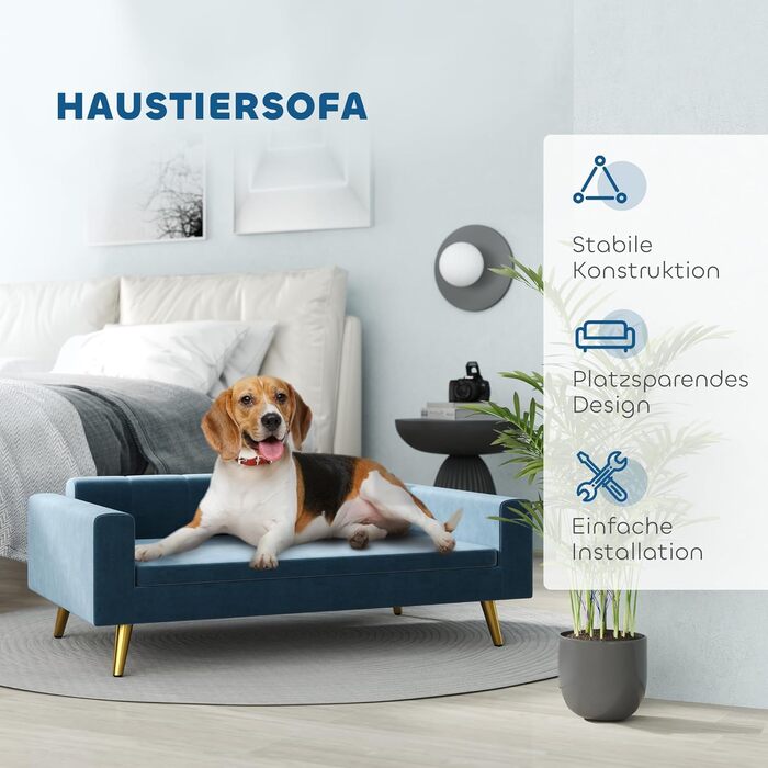 PawHut Софа для собак, лежанка для собак, м'яка з велюру, 94 x 59,5 x 31,5 см, скандинавський дизайн, на ніжках, з подушкою, нержавіюча сталь, блакитна