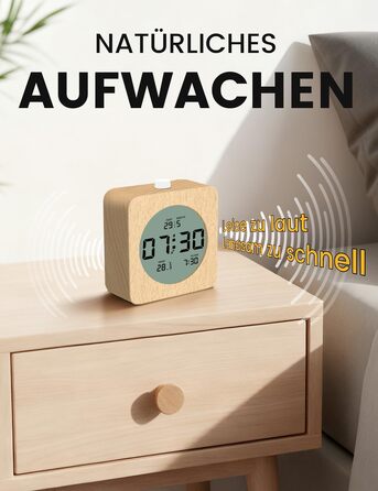 Цифровий настільний будильник aboveClock з дерев'яним корпусом, LCD-дисплей з температурою та датою, функція Snooze та підсвічуванням, квадратний