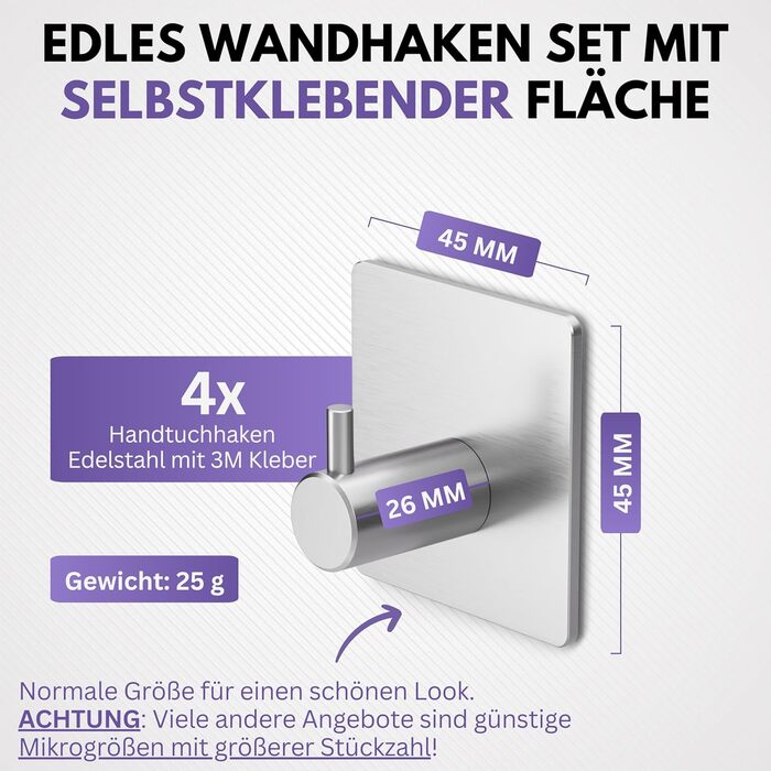 Набір гачків для рушників Filzada® (4 шт.) - не потребують свердління, нержавіюча сталь, 3M, водонепроникні, для ванної кімнати