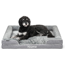 Ортопедичне ліжко для собак Lionto з піднятим бортиком, 97x71x17 см, міцне собаче ліжко з м'яким фланелевим наповнювачем, знімний та пральний чохол, неслизьке, для маленьких та великих собак та котів, сіре (L 106 x B 80 x H 17 см (з іменним нанесенням))