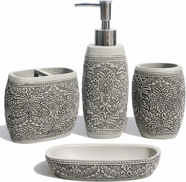 Набір аксесуарів для ванної кімнати LUANT, 4 шт: органайзер насадок, стакан, тримач для зубних щіток, мильниця та дозатор мила, сірий