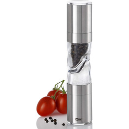 AdHoc DUOMILL PURE MP900 комбінована млинниця для солі та перцю, нержавіюча сталь та акрил, керамічні жорна, подвійна млинниця з ароматозахистом, подарункова упаковка, срібляста