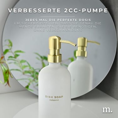 MaisoNovo Soap Dispenser Set - Soap Dispenser Kitchen - 500 ml Amber Bottles, Black Pumps, Glass Pumps, Soap Dispenser Set, 2-Piece Set and Concrete Tray - Dish Soap Dispenser Kitchen (White Glass / Gold Pump + Rectangular Tray)