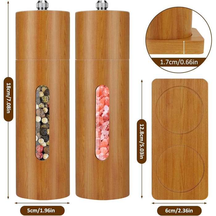 BOCHION Salt and Pepper Grinder Set, Wooden Grinder Set Large with Coaster, Salt and Pepper Grinder with Adjustable Ceramic Grinder, Grinding from Coarse to Fine, for Pepper, Salt, Spices, 2-Piece Set 18 cm