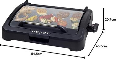 BEPER Electric Grill with Glass Lid - Non-Stick Coated Grill Plate, Stainless Steel, 2200W, Black