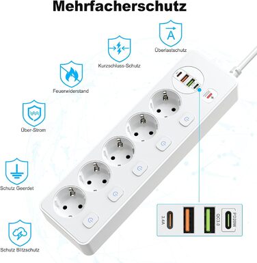 Мережевий адаптер 5-фазний з індивідуальним вимикачем, з 2 USB-A та 2 USB-C, мережевий розподільник 5-фазний з вимикачем, мережева стрічка настінна з 2м кабелем, PD 20W - Білий