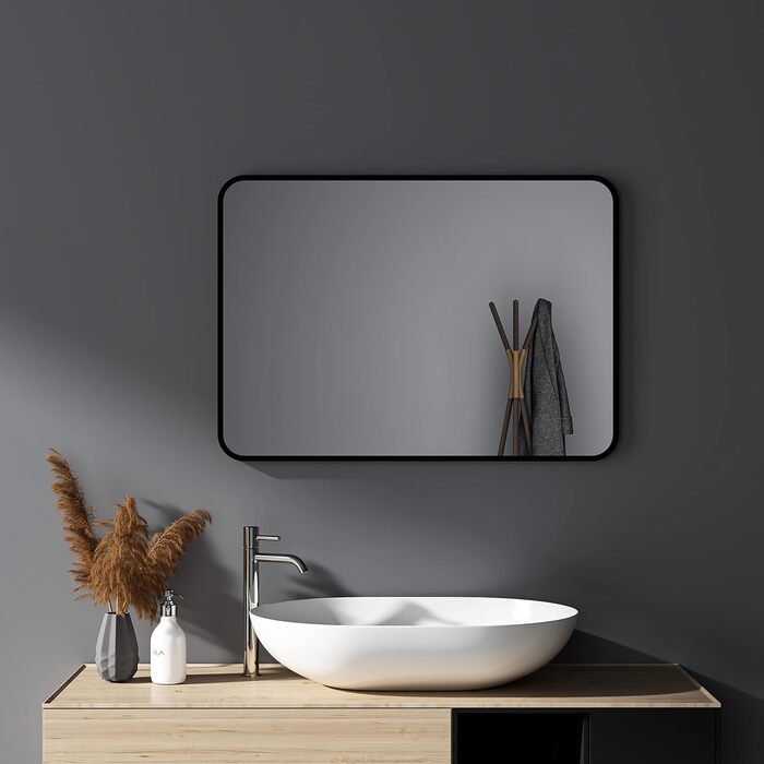 Дзеркало настінне прямокутне з заокругленими кутами, 40x60 см, чорне, нержавіюча сталь. Підходить для ванної кімнати та вітальні.