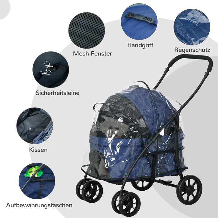 PawHut 2-в-1 візок для собак та котів з дощемiком, складний, з 2 повідками, для маленьких тварин, Оксфорд, темно-синій