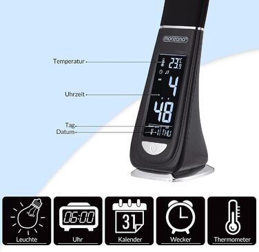 LED лампа Monzana з годинником, будильником, термометром та календарем, регульована яскравість, настільна лампа для дому та офісу (білий/чорний)