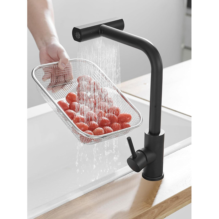 Чорний кухонний змішувач водопровідний з висувною лійкою та душем, 360° обертання, одноlever, матовий чорний
