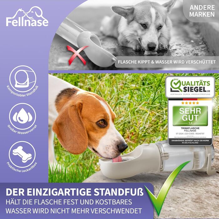 Водяна пляшка для собак Fellnase з підставкою та дозатором корму - 550 мл, для собак та котів, з клапаном зворотного потоку води, не протікає (Сірий велюр)