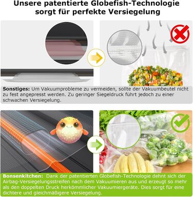 Вакуумний пакувальник Bonsenkitchen 15л/хв, з ручкою та вбудованим ножем, комплект з 2 рулонами, сертифікат екологічності