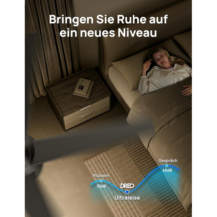 Дрео Смарт стельовий вентилятор з підсвічуванням, 132 см, 12 швидкостей, 3 режими, регульоване LED-підсвічування, тихий DC-двигун, 12H таймер, керування пультом/APP/Alexa, для приміщень (Чорний)