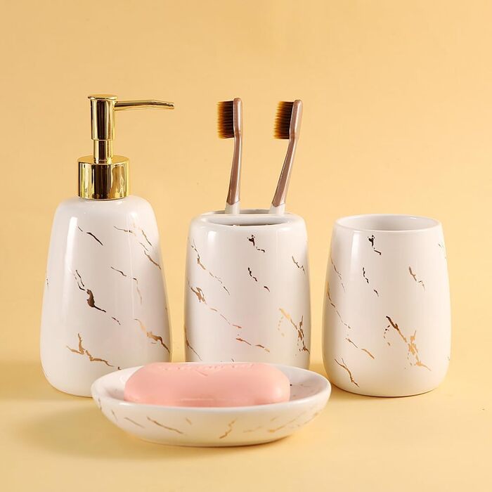 Bathroom Accessory Set, 4-Piece, complete with toothbrush holder, toothbrush cup, soap dispenser, soap dish, classic with gold-veined marble design, (White)