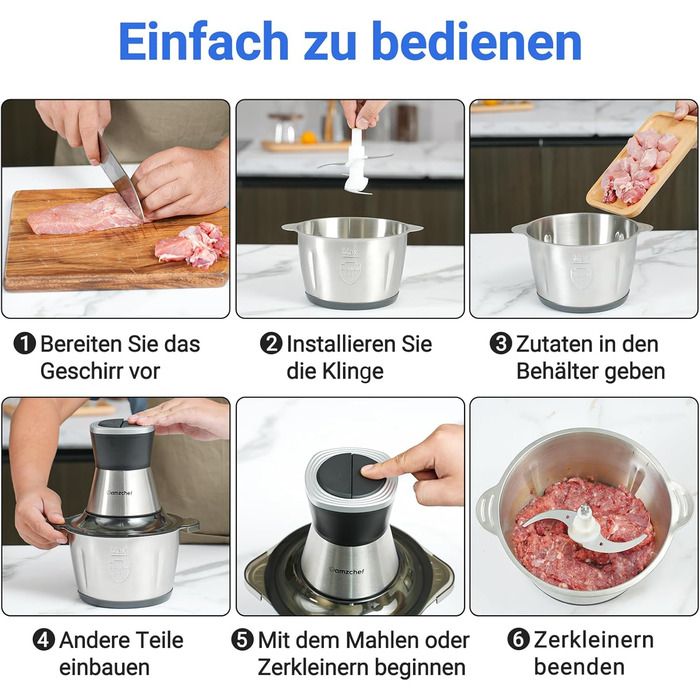 М'ясорубка електрична AMZCHEF для дому з 3 насадками, пристроєм для ковбас та набором кубе | Ідеально для фаршу, ковбасок та домашньої кухні (Сірий)
