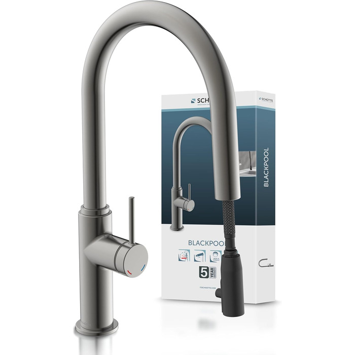 Кухонний змішувач SCHÜTTE 79562 Blackpool з висувною лійкою, 360° поворот, однорідний змішувач, для мийки, графітовий колір