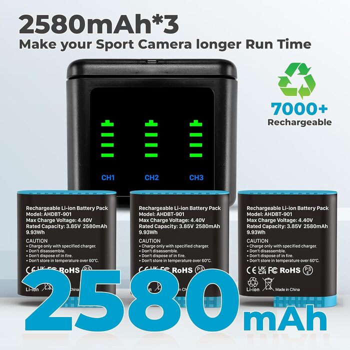 Зарядний комплект для GoPro Hero 12/11/10/9 Black: 2 акумулятори 2580mAh + триканальна зарядка з LED-індикатором