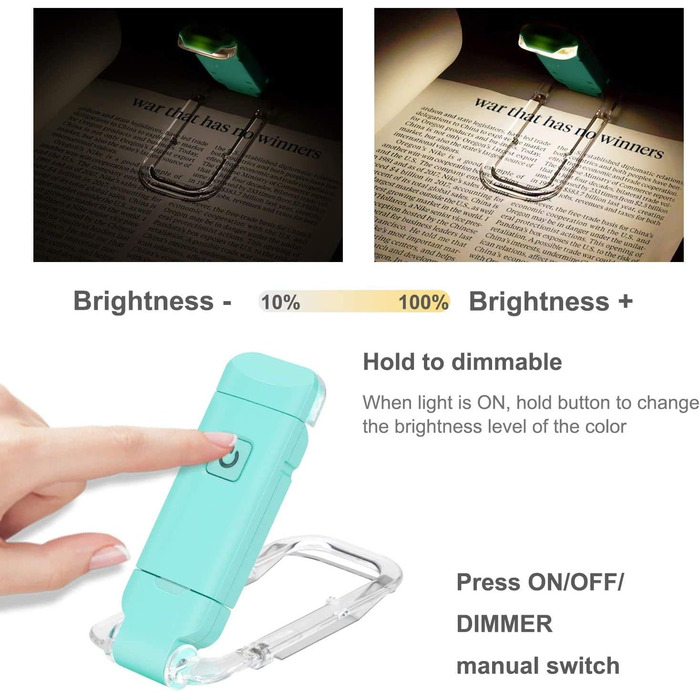 LED лампа-кліпса HONWELL для читання: USB, регулювання яскравості, захист очей, 3 режими, для дітей та офісу (блакитний)