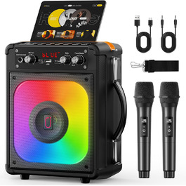 Караоке машина з 2 мікрофонами, портативна караоке система з бездротовими мікрофонами, Bluetooth колонка з LED-підсвіткою для дорослих та дітей, TX06 -NEW