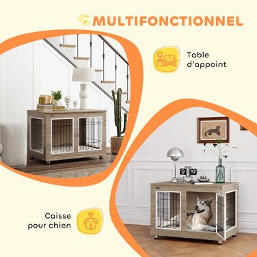 Клітка для собак PawHut з бічним столиком, 90x58x65 см, горіховий колір, для дому, з подушкою