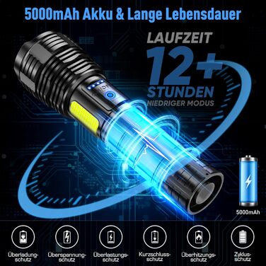 LED ліхтарик Sidark, 500000 люмен, водонепроникний IPX7, 9 режимів, Zoom, бічне світло, для кемпінгу та надзвичайних ситуацій