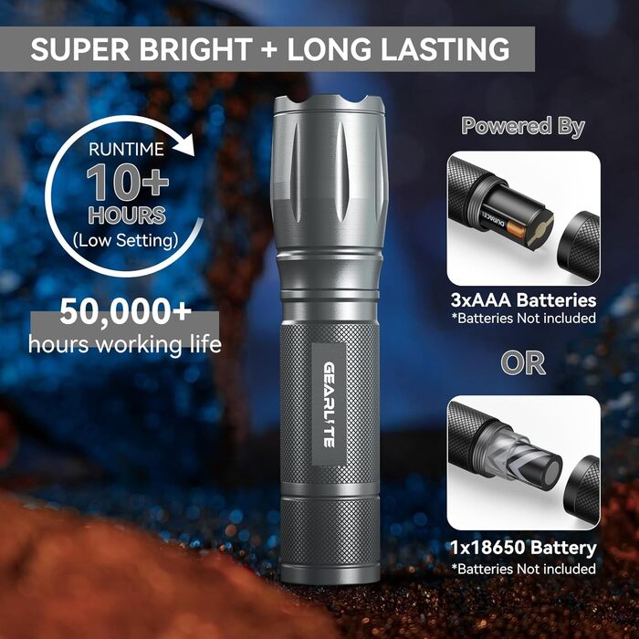 LED ліхтарик Gearlite 2 шт., 2000 люмен, 5 режимів, водонепроникний IP65, для кемпінгу, туризму, дітей, невідкладних ситуацій (сірий)