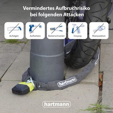 Замок-ланцюг Hartmann 150 см для мотоцикла/велосипеда, загартований чотиригранний ланцюг, текстильний чохол, захист від свердління і взлому, протиугінний, сірий