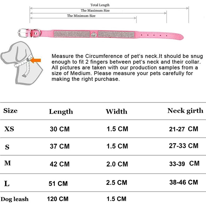 Нашийник для собак зі стразами, м'який велюровий нашийник та поводок, набір, блискучий, регульований, для маленьких та середніх собак та котів, рожевий S, рожевий