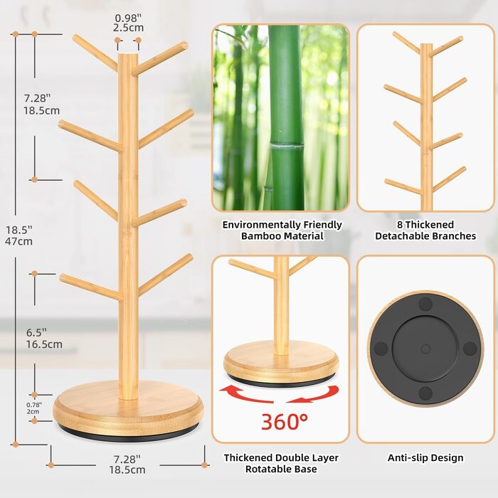BAMBANG Bamboo Coffee Mug Tree, Swivel Coffee Mug Holder for Countertop, Coffee Mug Shelf with 8 Hooks, Coffee Mug Organizer, Mug Stand Hanger for Coffee Bar, (Natural)