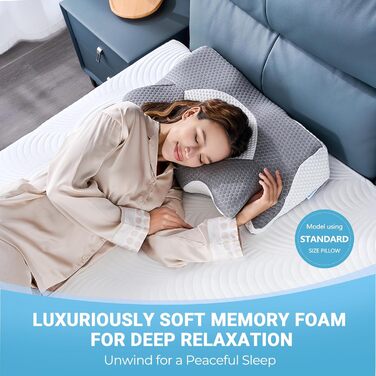 Ортопедична подушка Elviros для шиї з Memory Foam, 54x11/9x33 см, срібно-сіра. Підтримка шиї та плечей, знімний чохол, ергономічна форма.