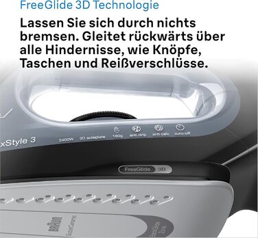 Праска з парою Braun FreeStyle 3 FI3124 PU, 2400 Вт, чорний/фіолетовий, технологія FreeGlide 3D, підошва SuperCeramic, Ultimate FastClean, автовимкнення, вертикальне прасування