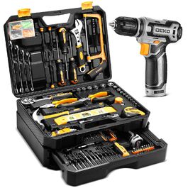 Акумуляторний дриль-шуруповерт DEKO 12V: набір інструментів 238 шт. з кейсом. Електричний дриль для дому, рукоділля та дрібного ремонту. Жовтий.