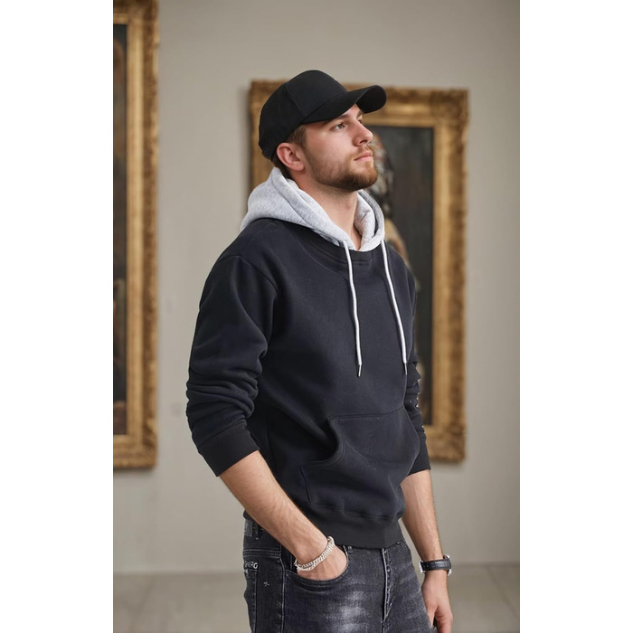Чоловічий худі з капюшоном, довгим рукавом, вітровка, блоковий колір, чорний (XL)
