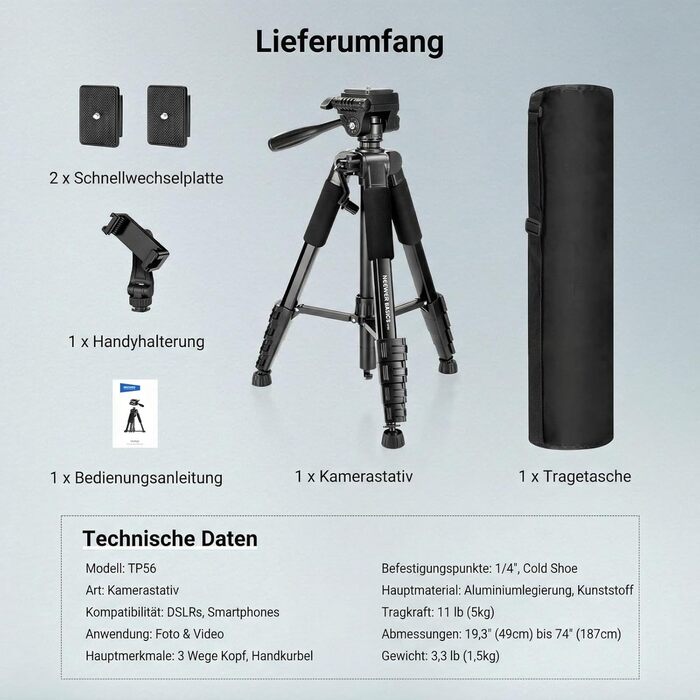 Полегшений алюмінієвий штатив для камери та смартфона NEEWER Basics TP56, професійний компактний трипод для подорожей з 3-позиційною нахильною головкою, висота 188 см