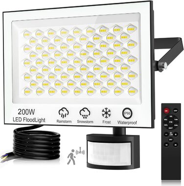 Viugreum 200W LED Floodlight with Motion Sensor 20000lm Outdoor IP66 Waterproof Spotlight 6500K Outdoor Light Cold White Floodlight Outdoor Spotlight for Garden
